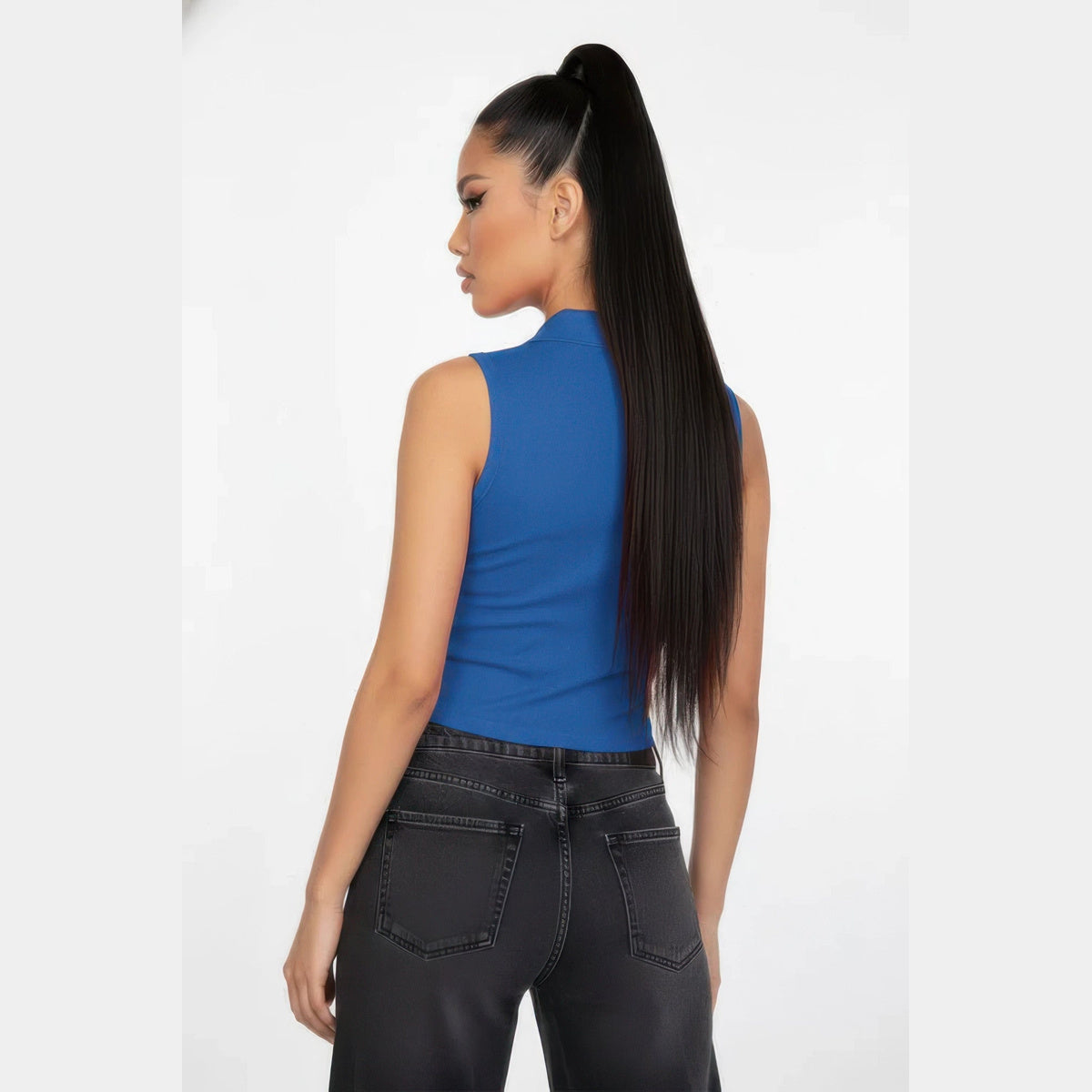 Sleeveless Polo-Collar Crop Top in royal blue, back view