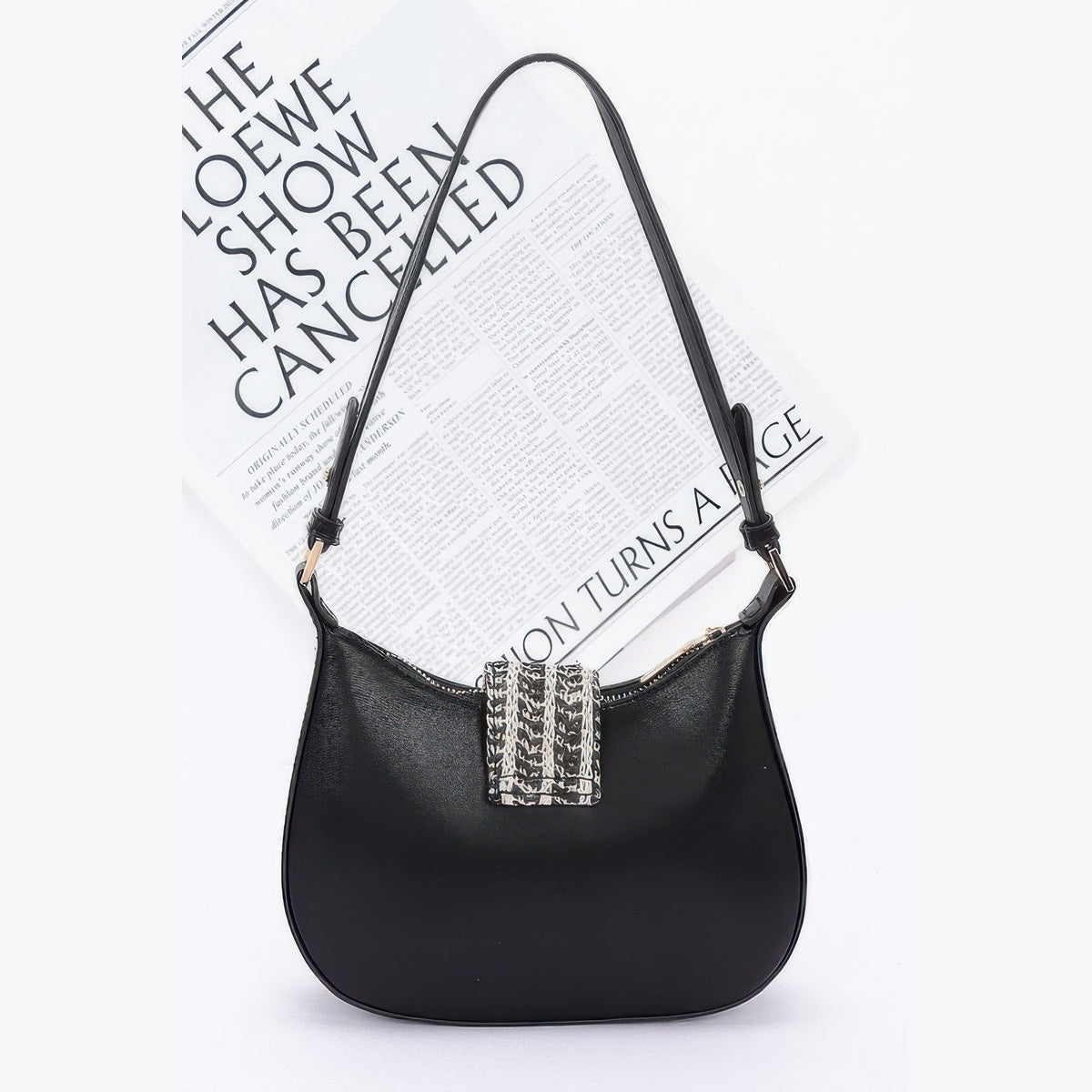 Soft Hobo Shoulder Bag in black, front view with shoulder strap