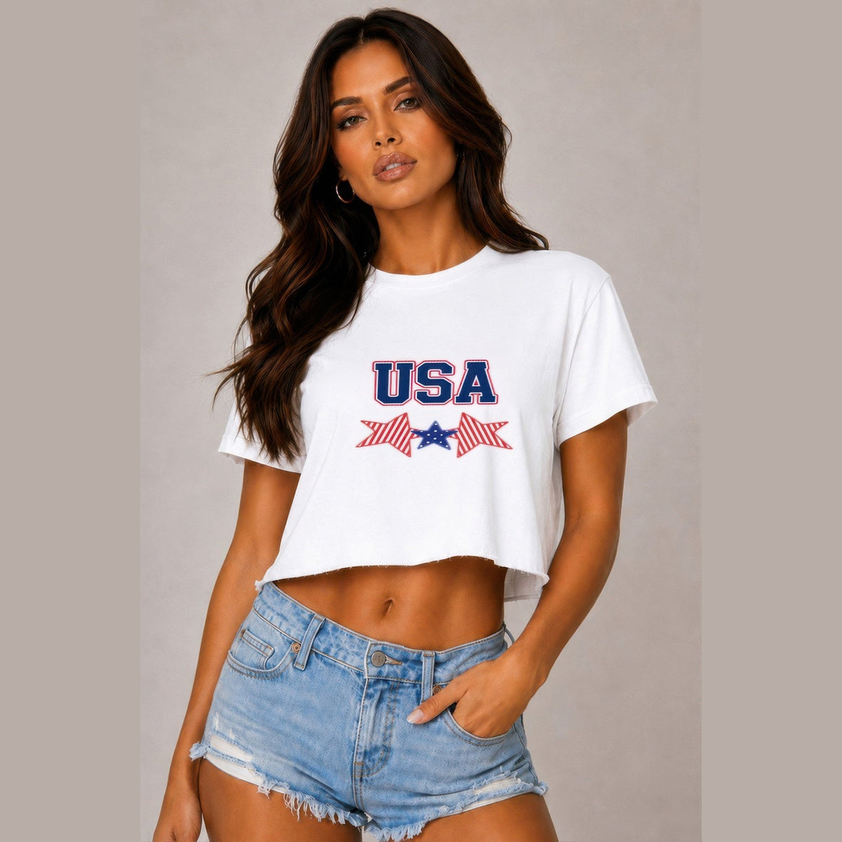 Star-Print Cropped Cotton Tee in white, star graphic front view