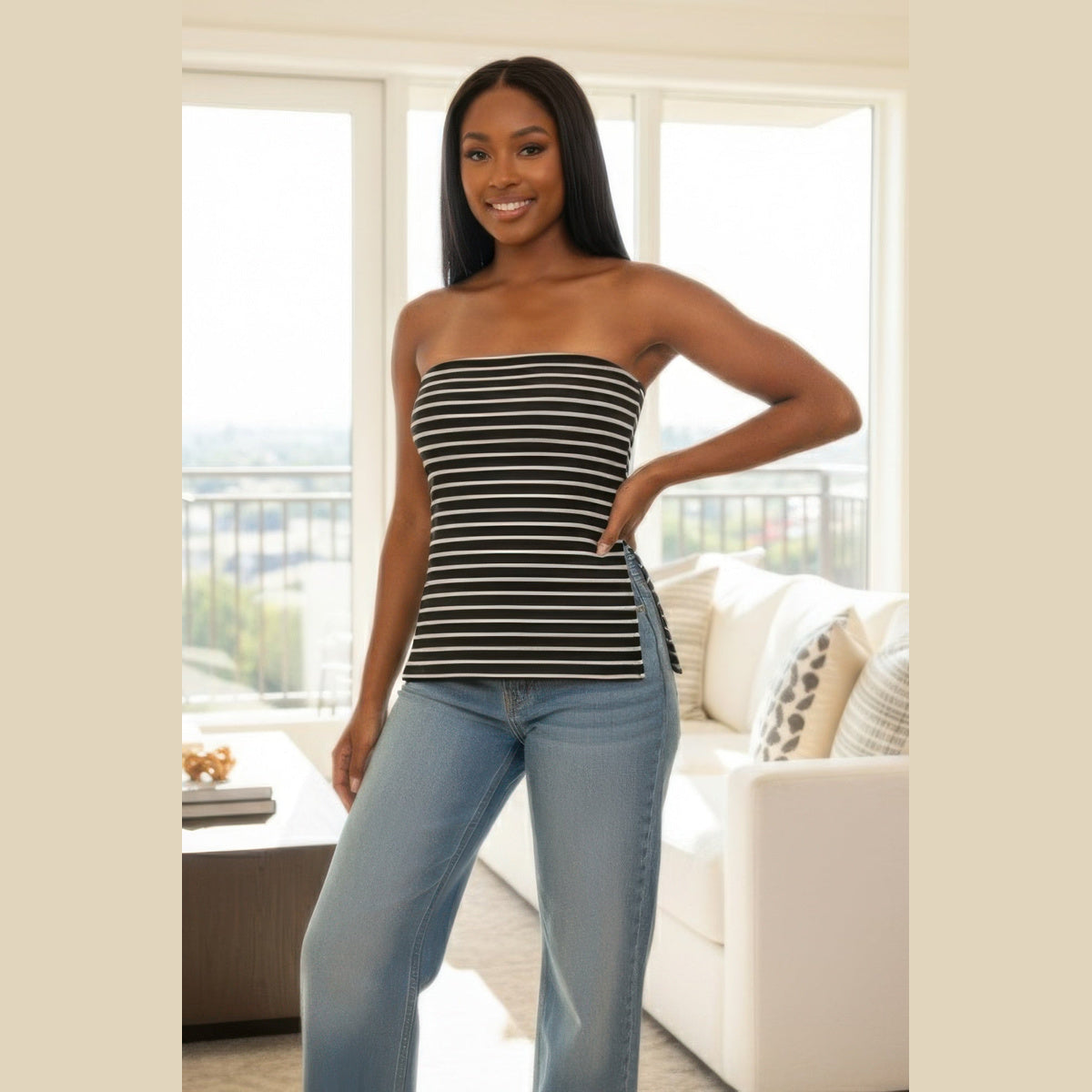 Striped Ribbed Side-Slit Tube Top in black and white, full outfit