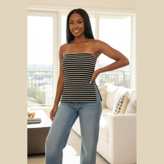 Striped Ribbed Side-Slit Tube Top in black and white, full outfit