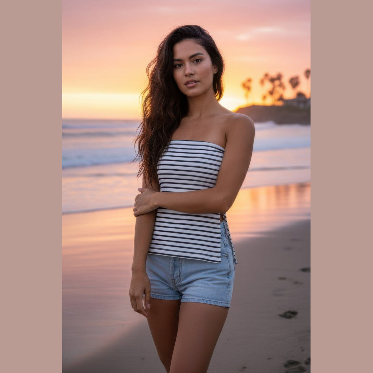 Striped Ribbed Side-Slit Tube Top in white and black, styled outdoors
