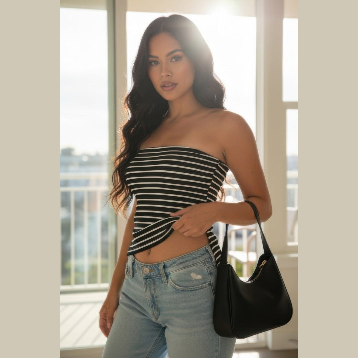 Striped Ribbed Side-Slit Tube Top in black and white, front view