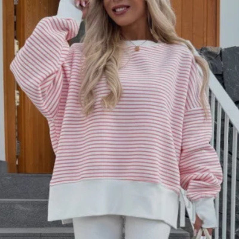 Striped Sweatshirt Size Slit Long – Minimal Elegance | The Simple Co – Practical cottage, minimalist style, quiet luxury aesthetic, modern essential – The Simple Co.