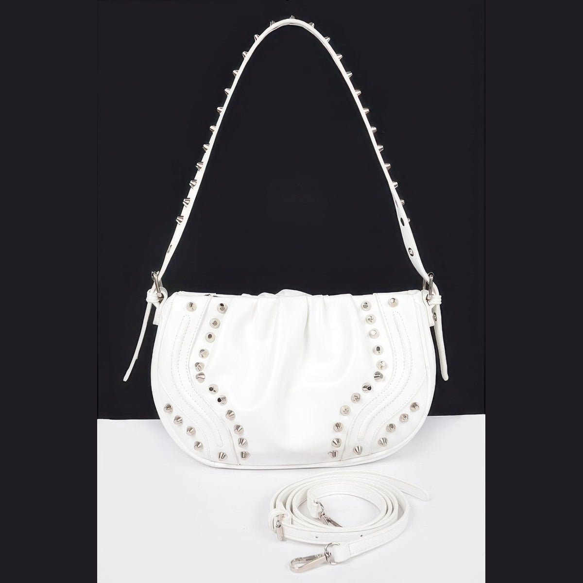 Studded Shoulder Bag in white, front view with chain strap