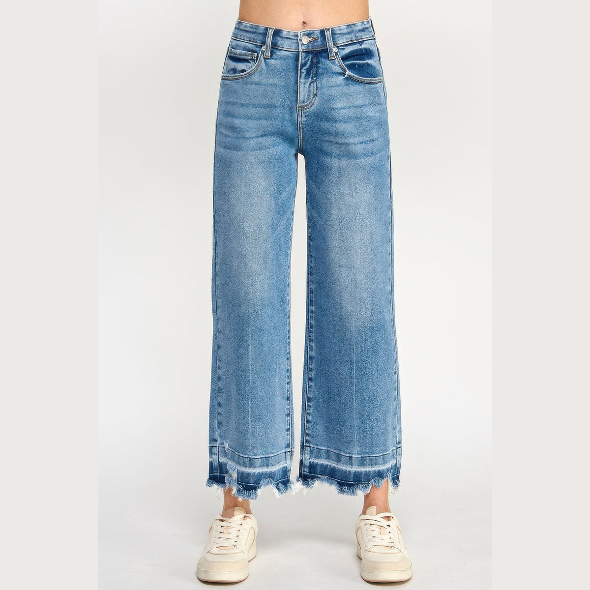Tummy-Control Cropped Wide-Leg Jeans in blue, cropped leg detail