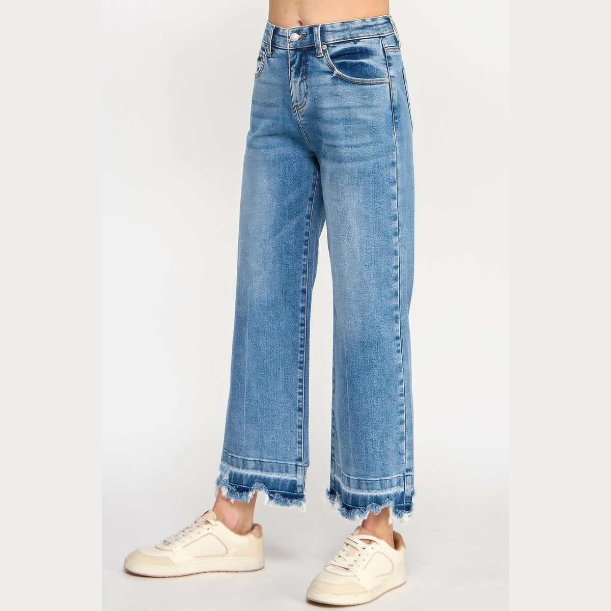 Tummy-Control Cropped Wide-Leg Jeans in blue, side view