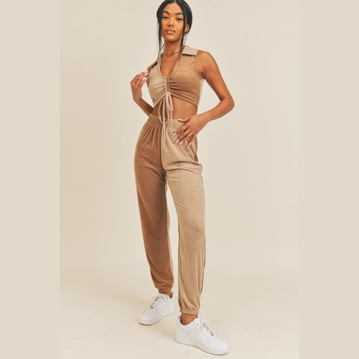 Two-Tone Polo Top & Jogger Set in tan and beige, front view on a model