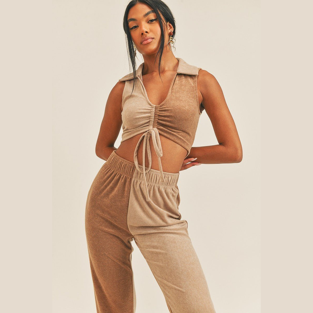 Two-Tone Polo Top & Jogger Set in tan and beige, ruched polo top detail