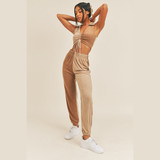 Two-Tone Polo Top & Jogger Set in tan and beige, back view