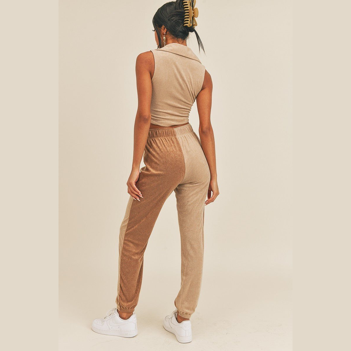 Two-Tone Polo Top & Jogger Set in tan and beige, back view on a model