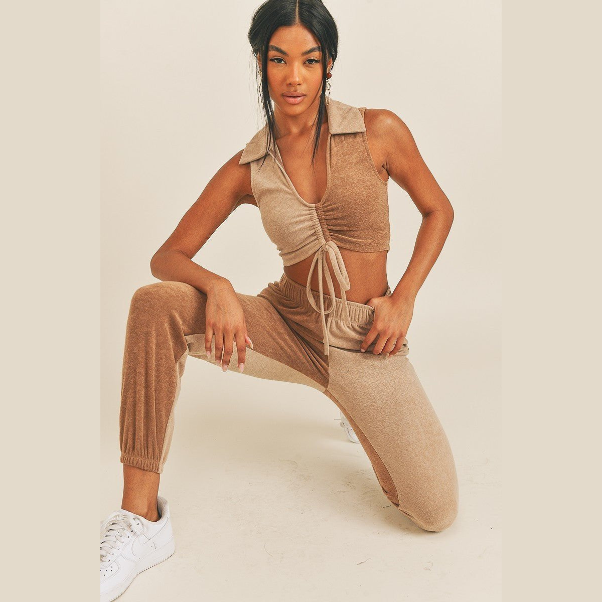 Two-Tone Polo Top & Jogger Set in tan and beige, top and jogger detail