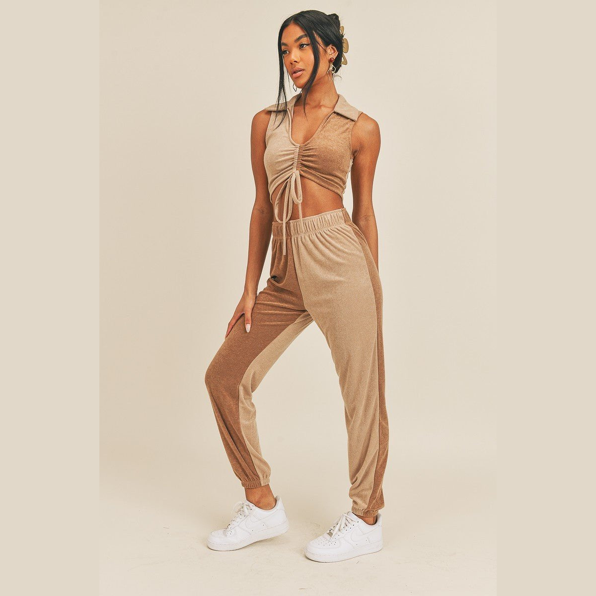 Two-Tone Polo Top & Jogger Set in tan and beige, full-length outfit