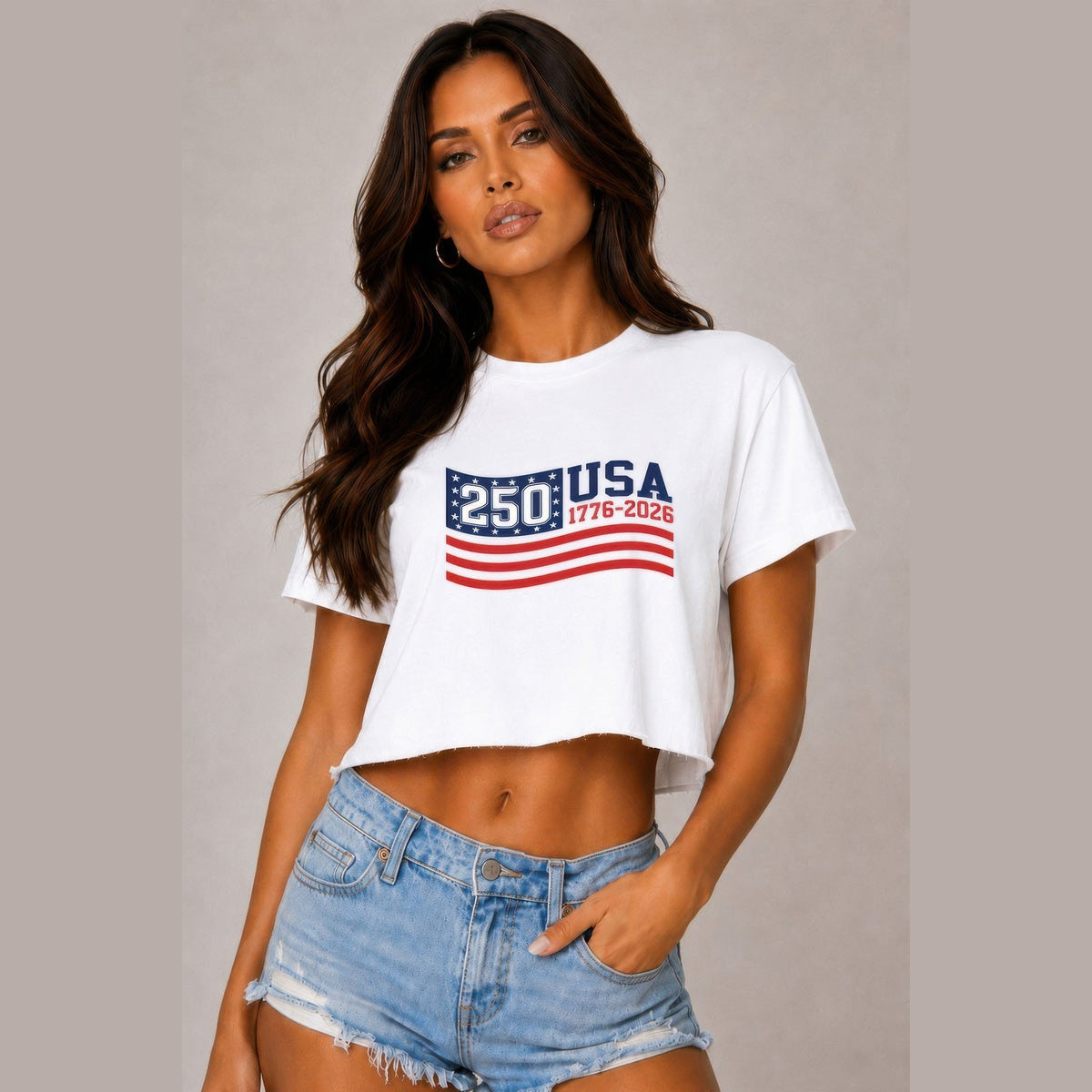 USA 250 Cropped Cotton Tee in white, USA 250 graphic front view