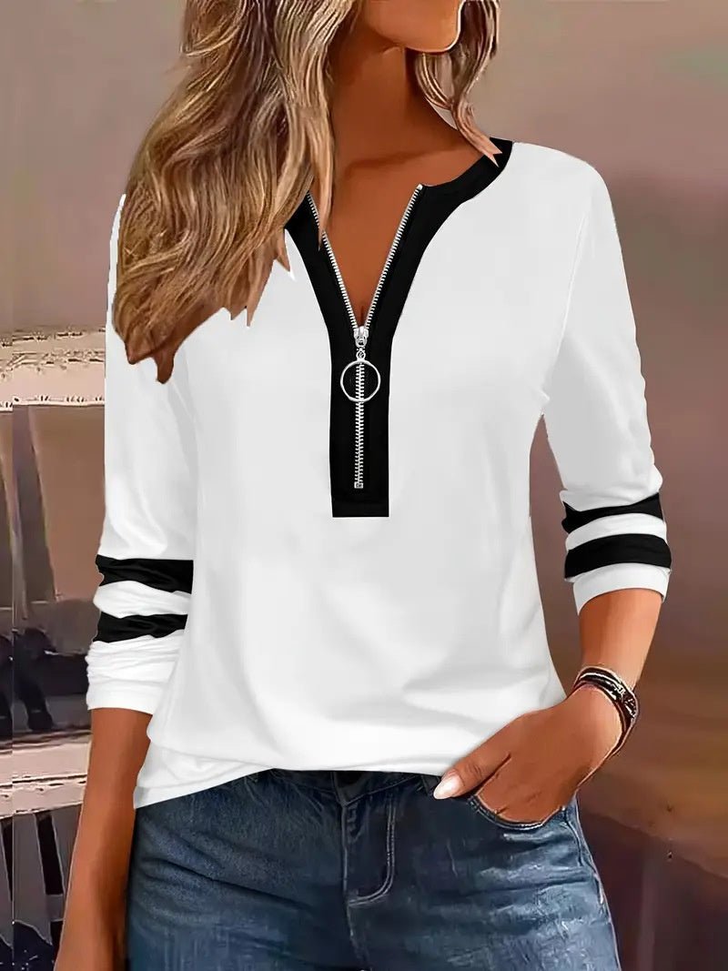 V - Collar Striped Zip T-Shirt - 2026 Winter Collection Contrast Color Long Sleeve Top – Minimal Elegance | The Simple Co – Apparel & Accessories > Clothing > Shirts & Tops, minimalist style, quiet luxury aesthetic, modern essential – The Simple Co.