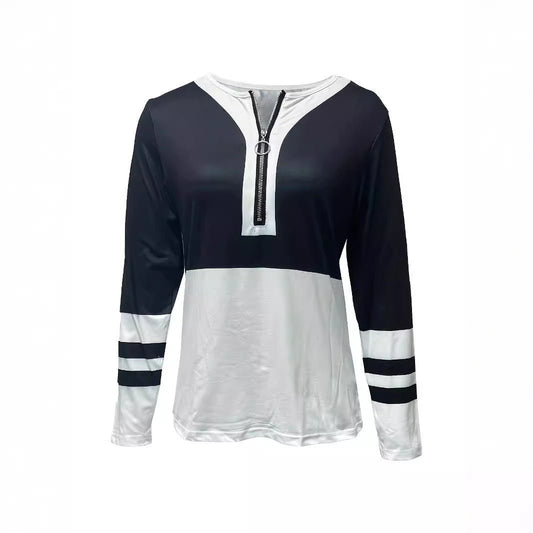 V - Collar Striped Zip T-Shirt - 2026 Winter Collection Contrast Color Long Sleeve Top – Minimal Elegance | The Simple Co – Apparel & Accessories > Clothing > Shirts & Tops, minimalist style, quiet luxury aesthetic, modern essential – The Simple Co.