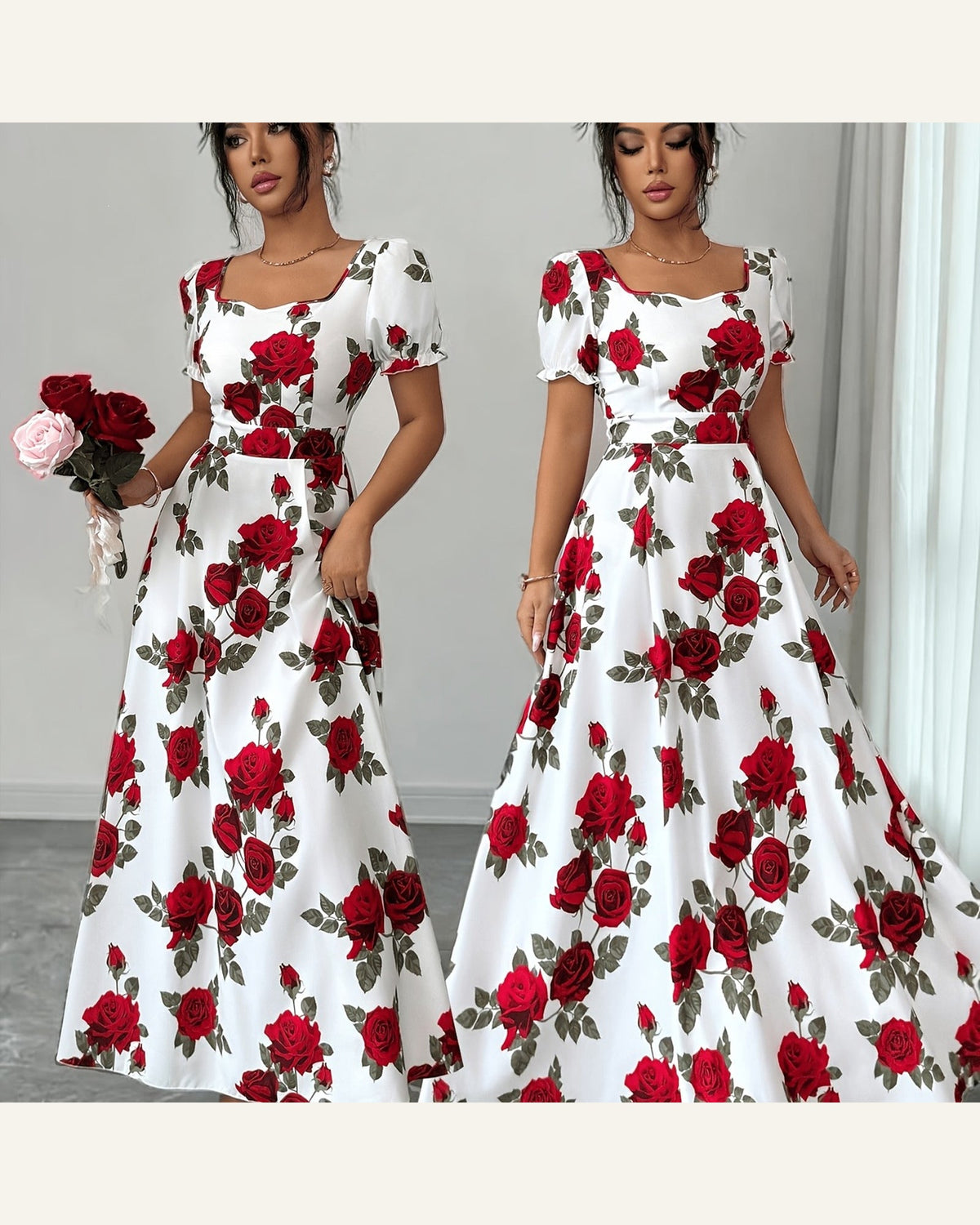 Vintage Rose Puff-Sleeve Maxi Dress