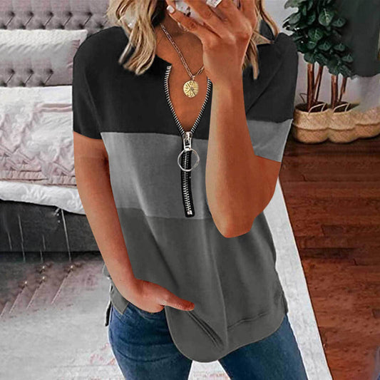 Women's New Zipper V - Neck Color Matching T-Shirt – Versatile Spring/Summer | The Simple Co. – Apparel & Accessories > Clothing > Shirt, minimalist style, quiet luxury aesthetic, modern essential – The Simple Co.