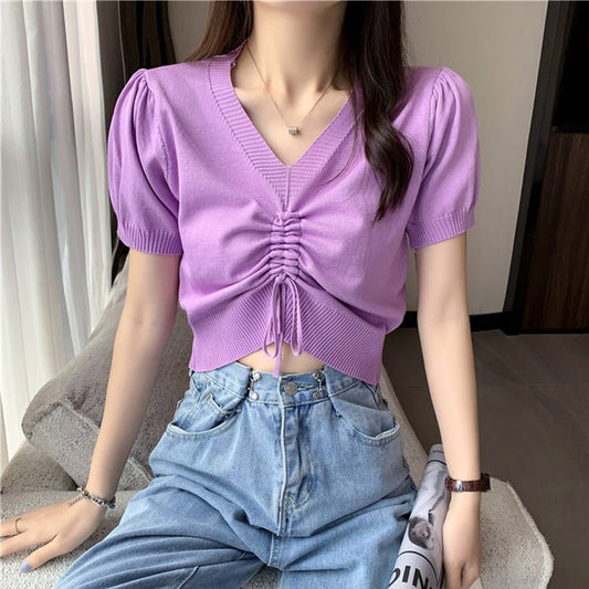Women's V - neck Blouse Summer Knit Short Sleeve – Apparel & Accessories > Clothing > Shirt, minimalist style, quiet luxury aesthetic, modern essential – The Simple Co.