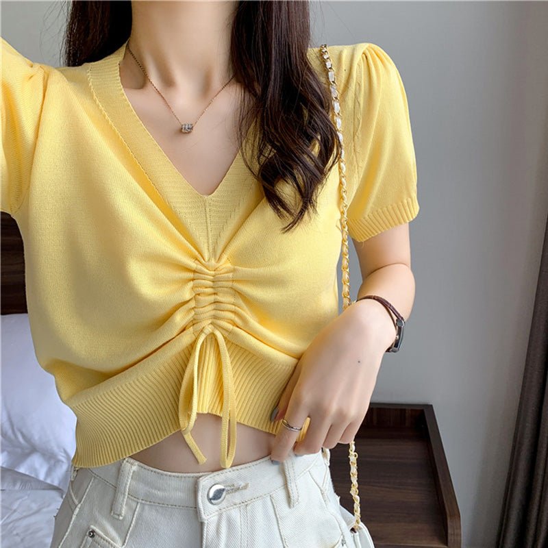 Women's V - neck Blouse Summer Knit Short Sleeve – Apparel & Accessories > Clothing > Shirt, minimalist style, quiet luxury aesthetic, modern essential – The Simple Co.