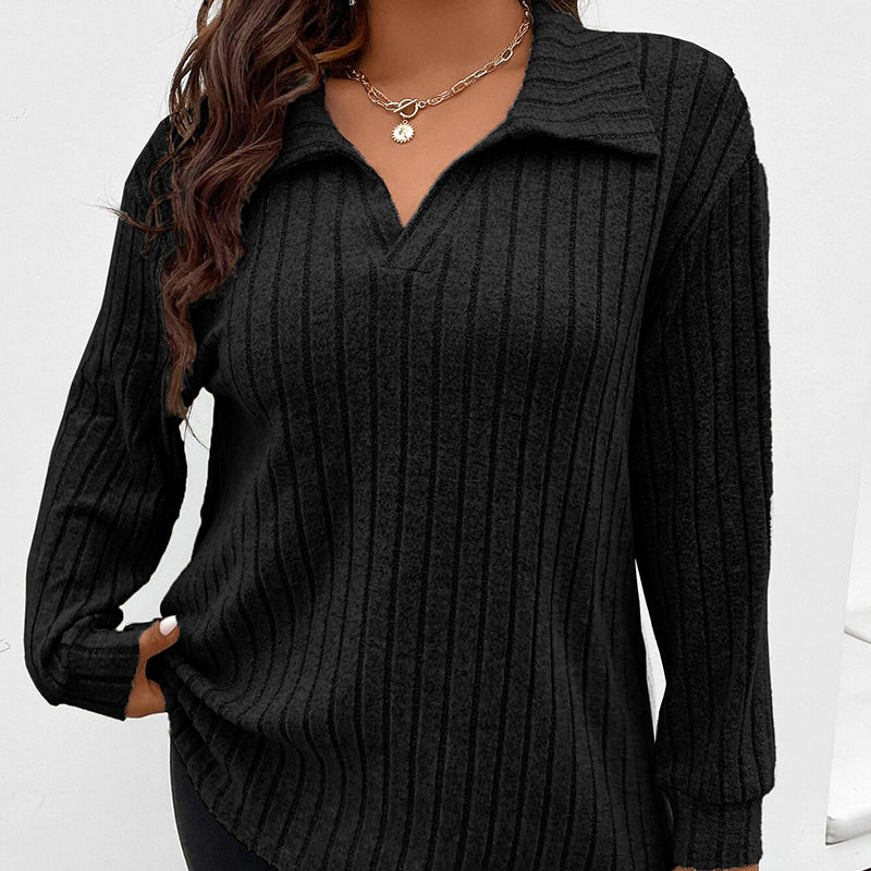Women's Plus Size V-Neck Lapel Top - 2026 Winter Collection Long Sleeve Casual Blouse