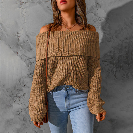 Women's Off-Shoulder Textured Knit Sweater - 2026 Winter Collection Long Sleeve Top
