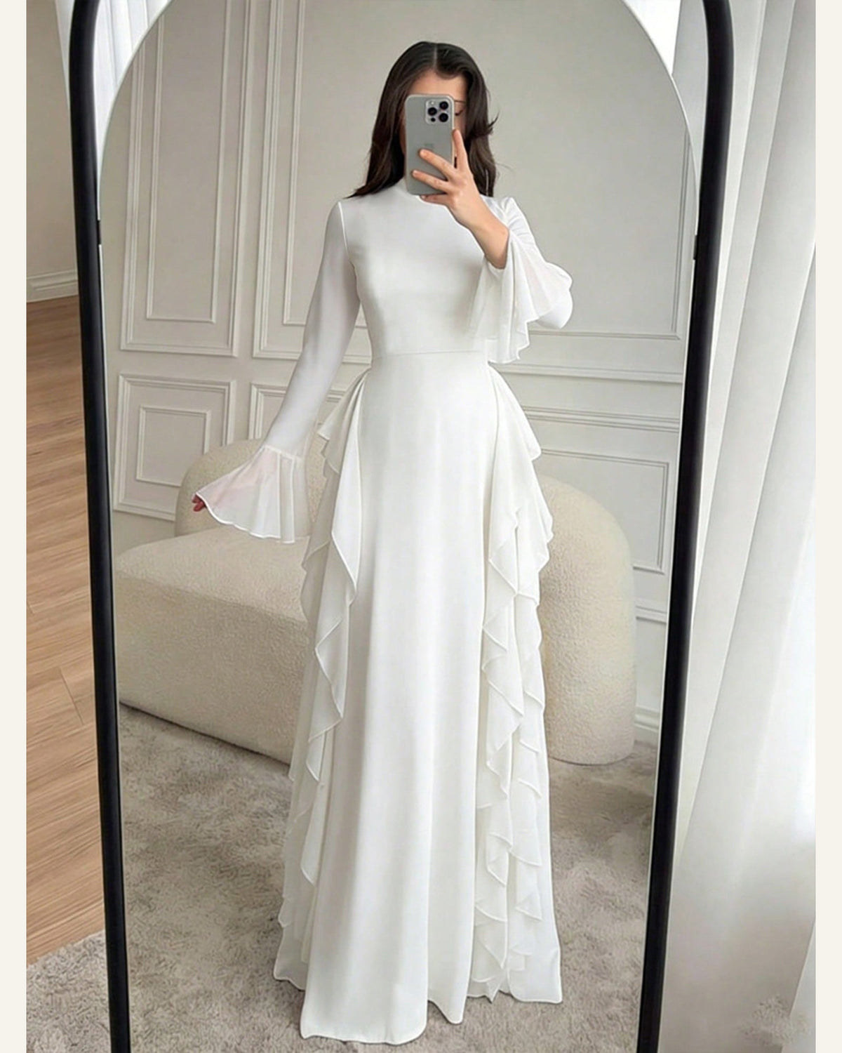 Flare-Sleeve A-Line Dress — White
