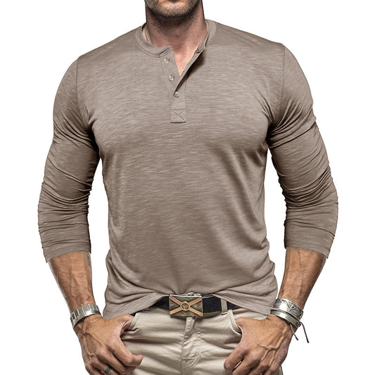 Men's Long Sleeve Henry Collar T-Shirt - Slub Cotton Pullover