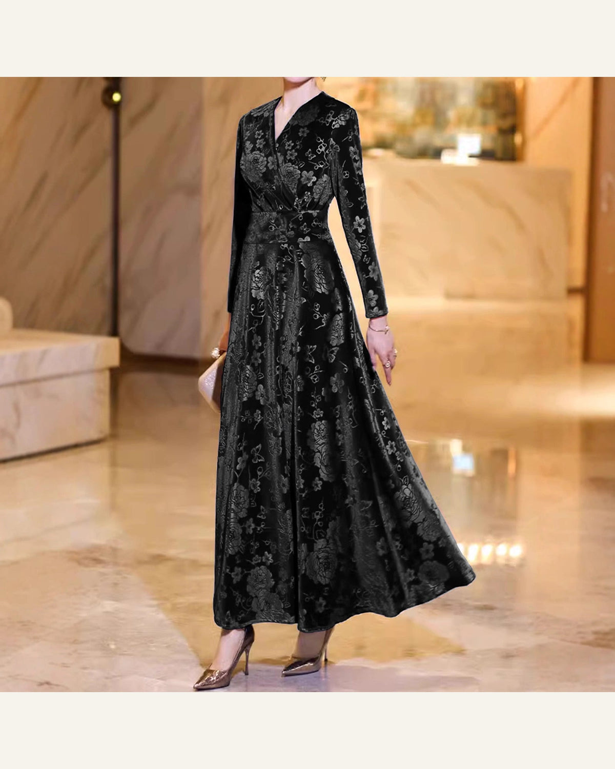 Floral Velvet High-Waist A-Line Dress front view