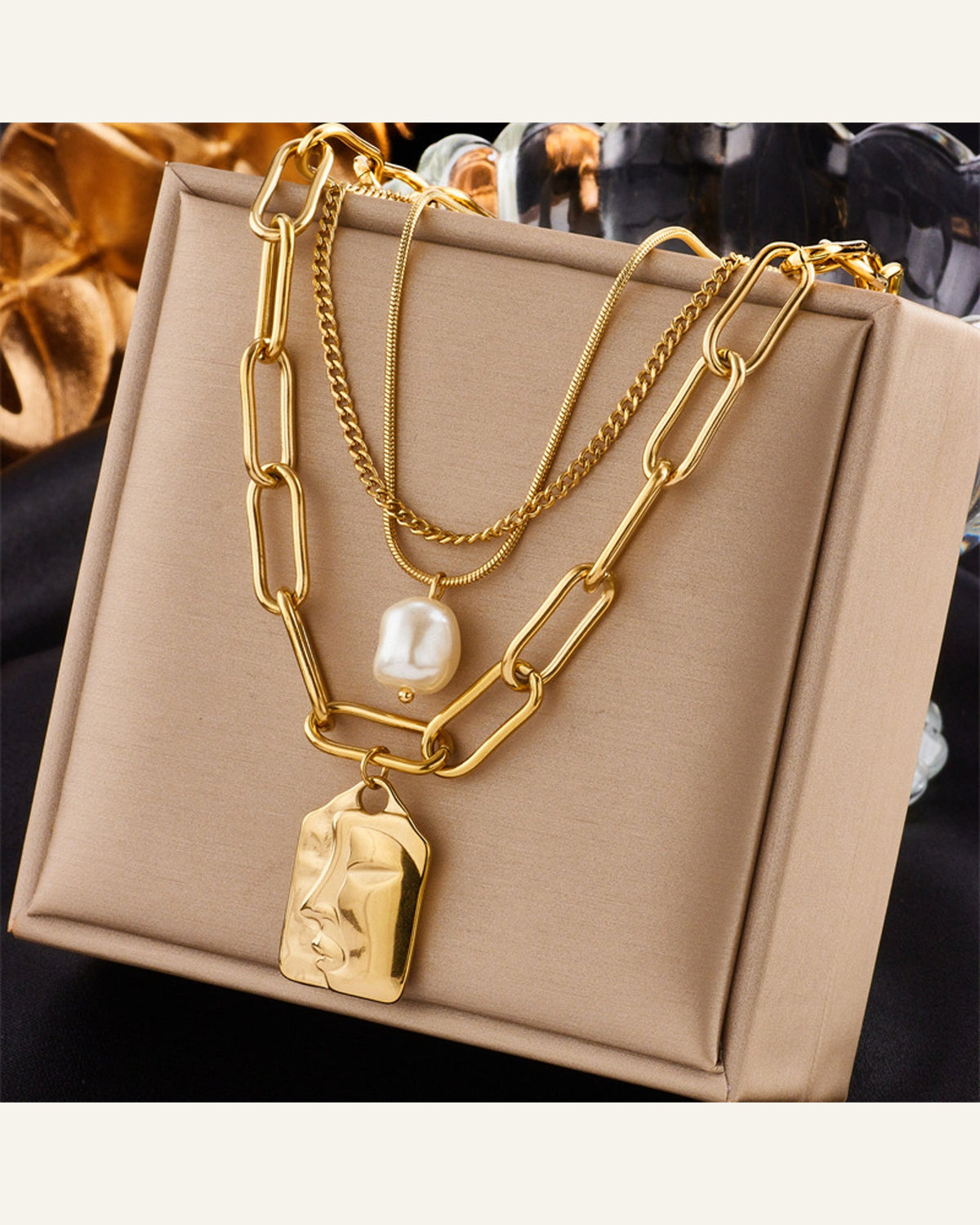 Layered Pearl & Paperclip Chain Necklace — styling view