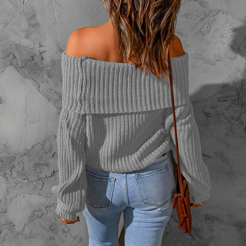 Women's Off-Shoulder Textured Knit Sweater - 2026 Winter Collection Long Sleeve Top