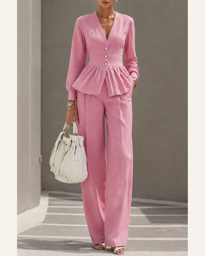 V-Neck Long-Sleeve Top & Wide-Leg Pant Set — close-up view