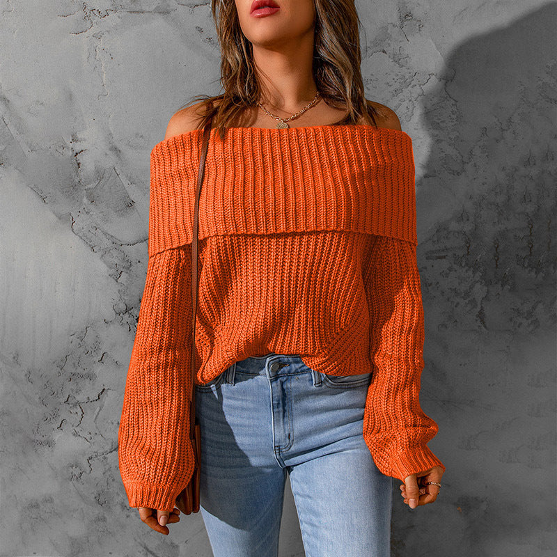 Women's Off-Shoulder Textured Knit Sweater - 2026 Winter Collection Long Sleeve Top