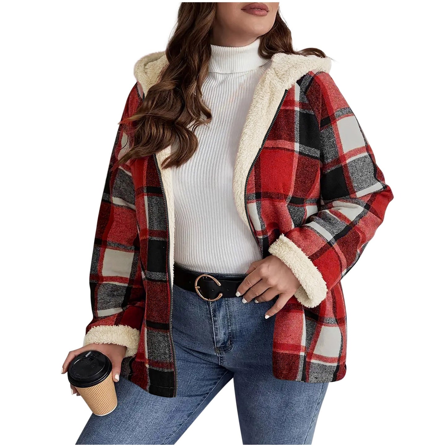 Fleece-Lined Plaid Hooded Coat - Vintage Style Thickened Jacket