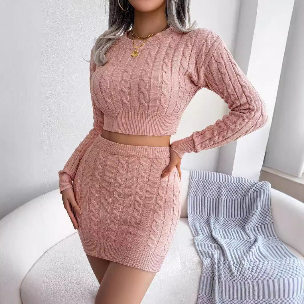 Women's Twisted Knit Crop Sweater & Bodycon Skirt Set - 2026 Winter Collection