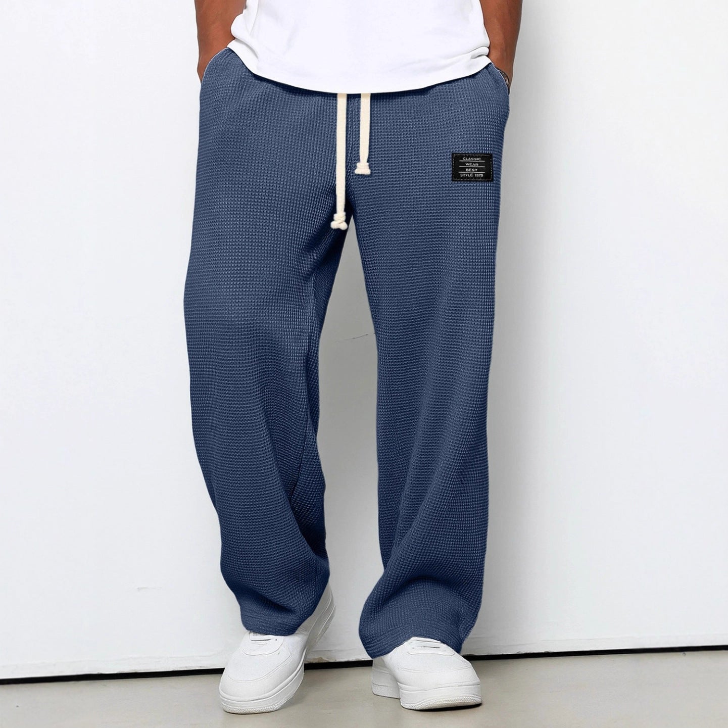 Waffle Straight Pants Men's Loose Drawstring Casual Trousers