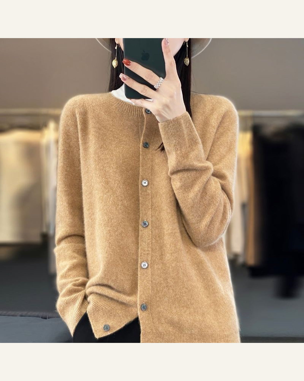 Classic Wool Crew-Neck Cardigan — Camel