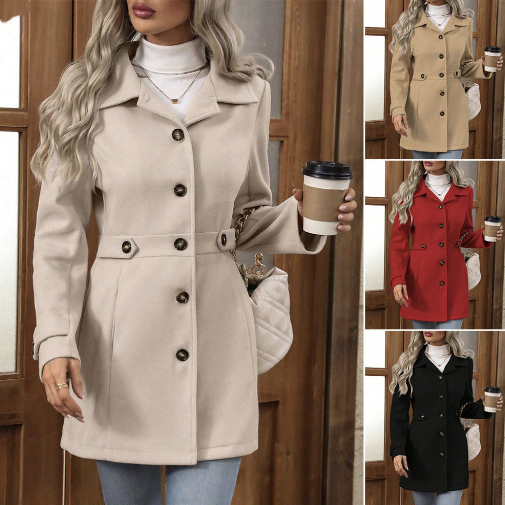 Elegant Single-breasted Woolen Coat Buttons Lapel