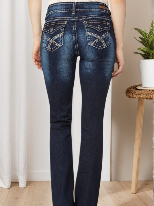 Women's Embroidered Pocket Jeans - 2026 Winter Collection Elastic Button Closure Denim