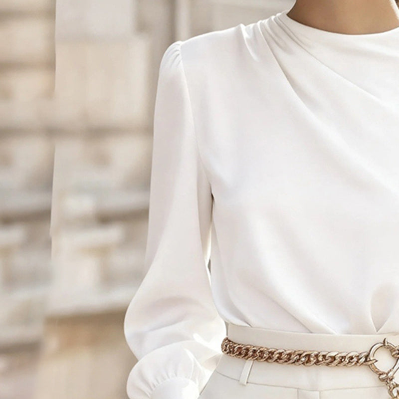 Women's Pleated Long Sleeve Blouse, Round