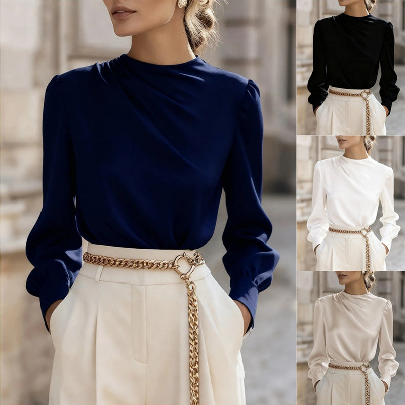 Women's Pleated Long Sleeve Blouse, Round