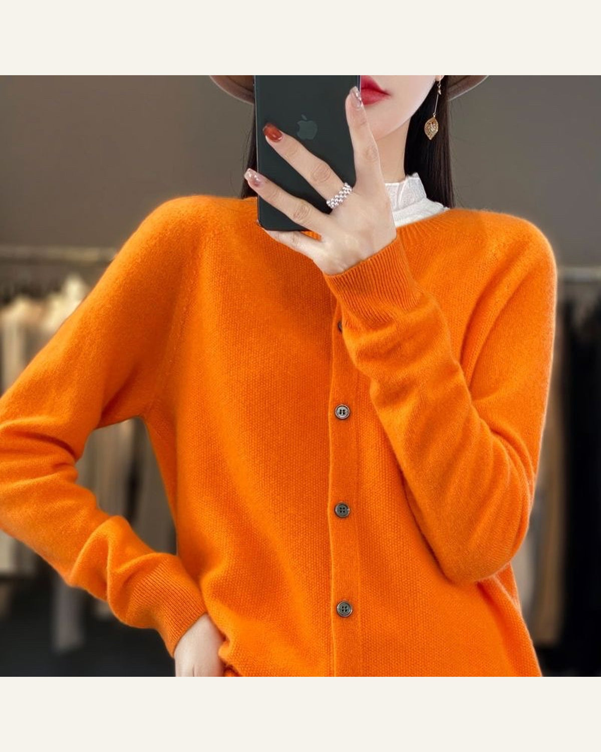 Classic Wool Crew-Neck Cardigan — Orange