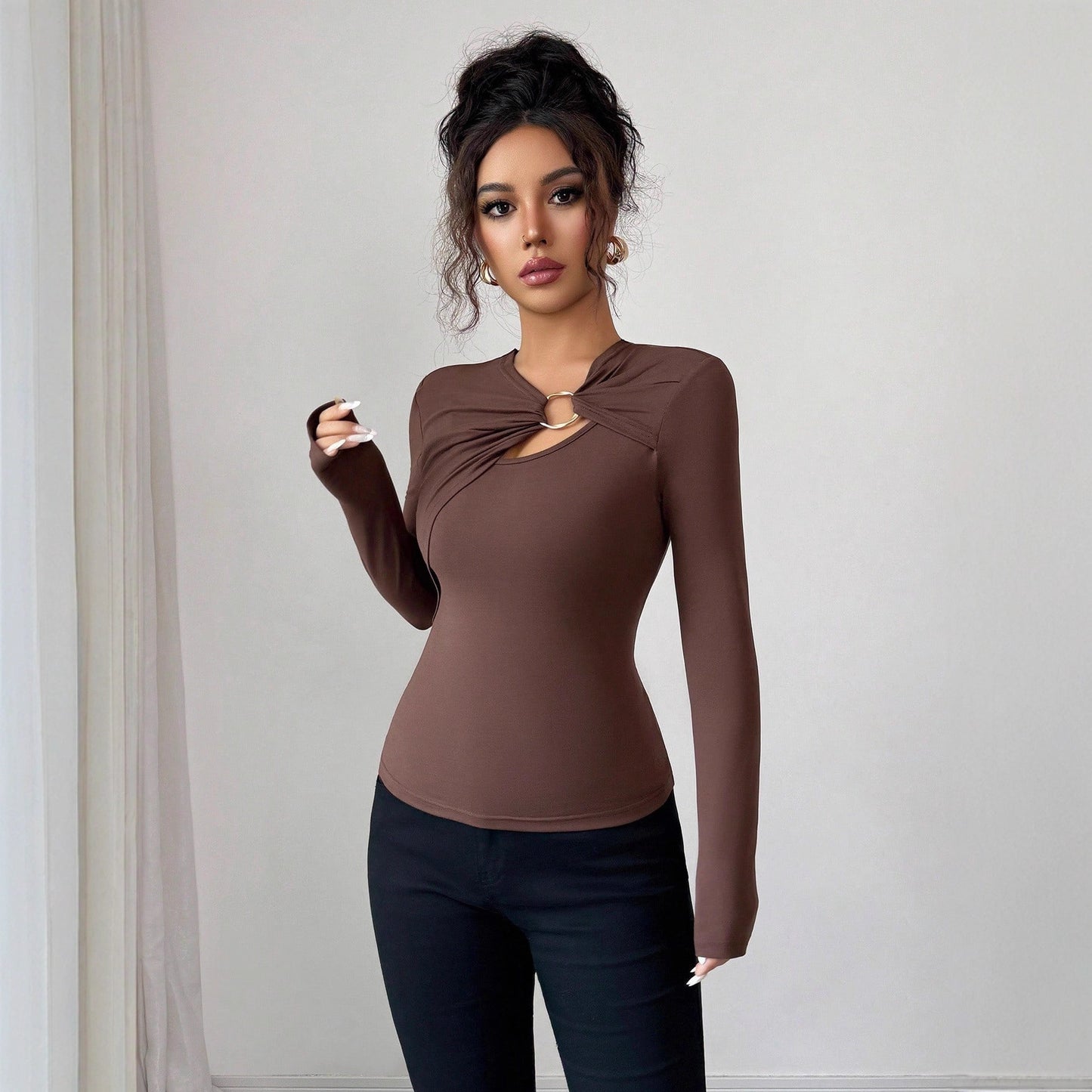 Asymmetric Hollow Metal Trim Slim Top - Elegant Long Sleeve Pullover