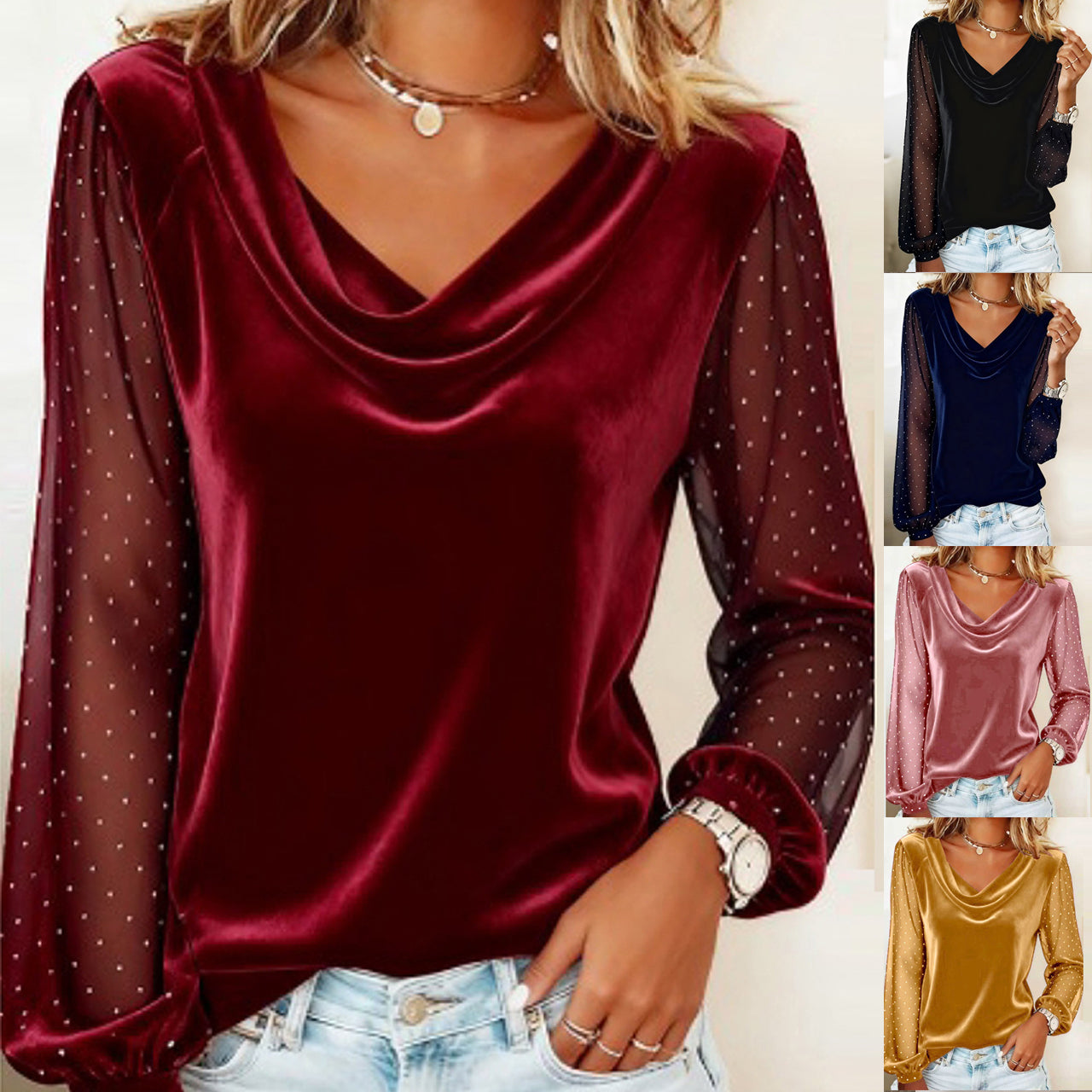 Elegant V-Neck Velvet T-Shirt - Diamond Mesh Sleeve Loose Tee