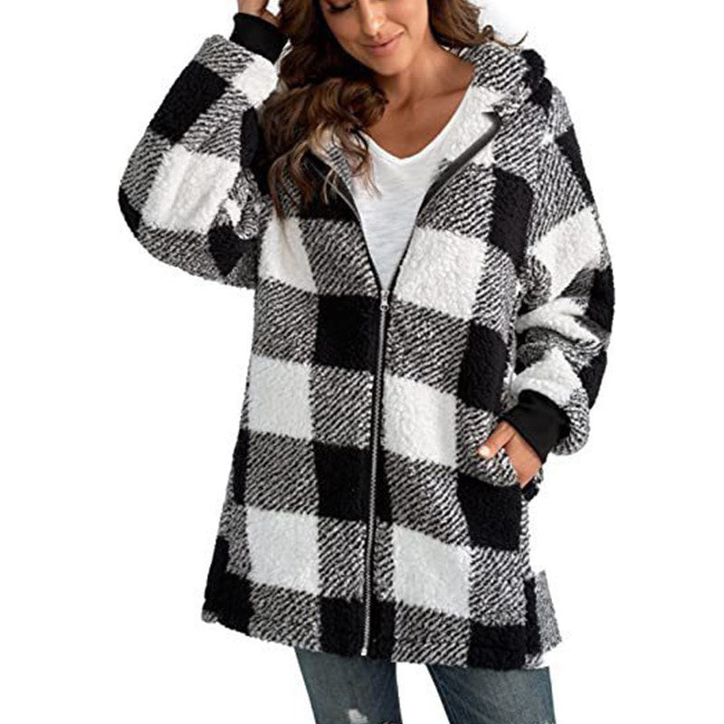 Women's Plaid Hooded Jacket, Long Sleeve