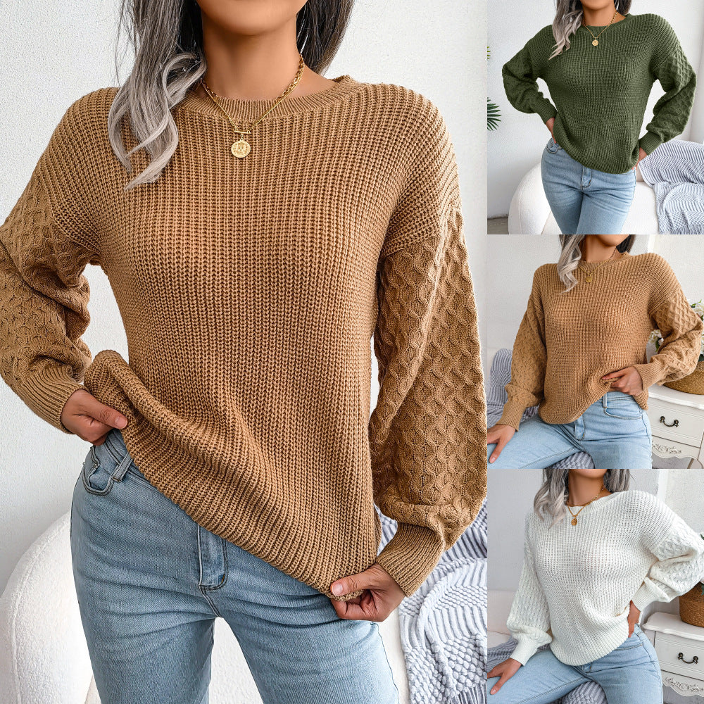 Women's Lantern Sleeve Knitted Sweater - 2026 Winter Collection Casual Long Sleeve Top