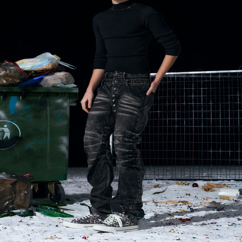 Bamboo-Stripe Double-Waist Metal Button Cat-Foot Denim Jeans