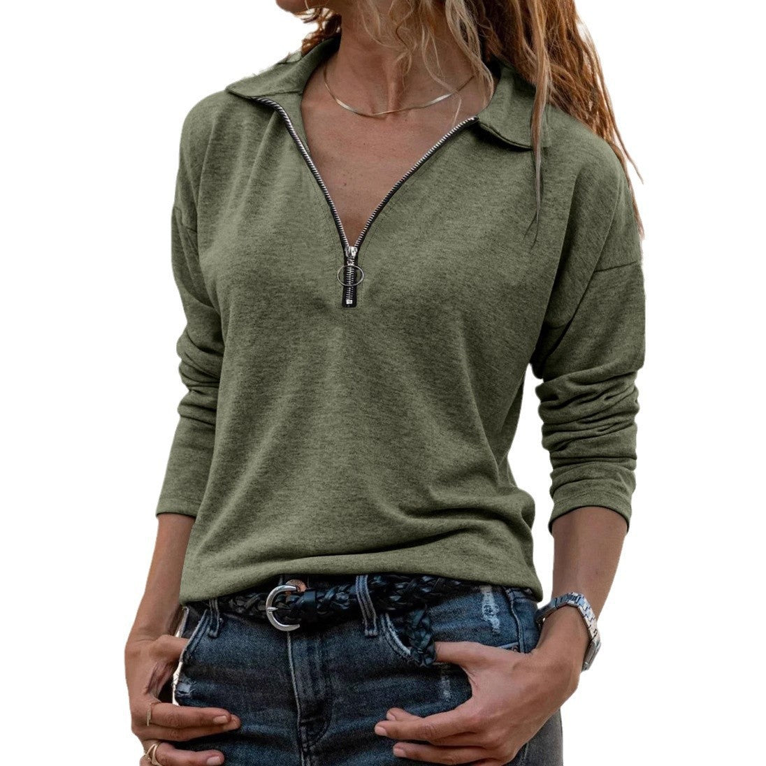 Fabric Lapel Zipper Casual Long Sleeve