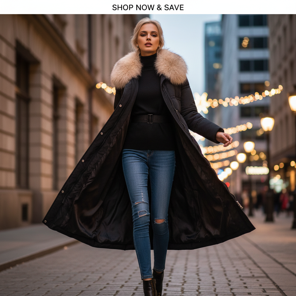 Women's Belted Winter Coat with Fur