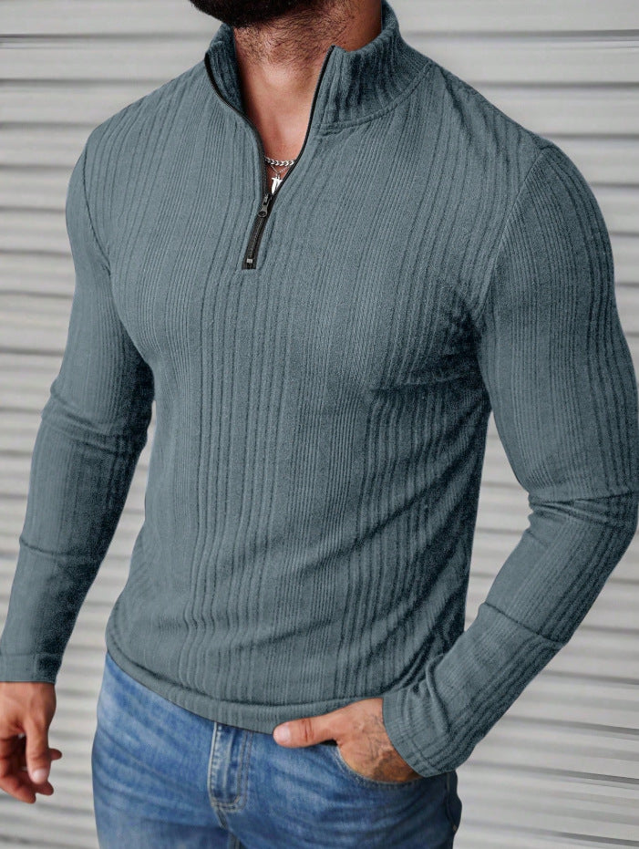 Men's Casual Stand-Up Collar Slim-Fit Ribbed Hoodie
